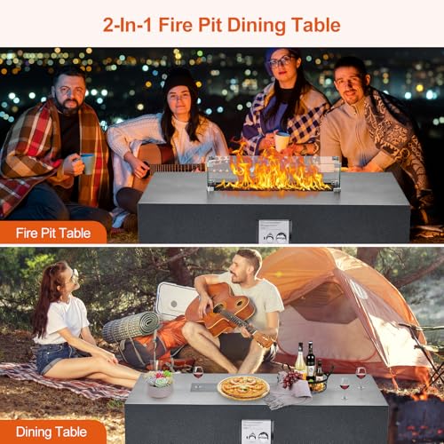 48" Outdoor Fire Table, 48 inch Rectangle Propane Gas Fire Pit Table, 50,000 BTU Modern Firepit with 16 inch Tank Cover Side Table, Wind Guard, Fire Glass, Rain Cover