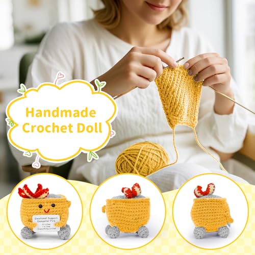 Image of Keyrose Emotional Support Dumpster Fire Crochet Doll, a Cute Funny Handmade Desk Accessories Office Decor, Birthday Gifts for Women Men with Positive Card(Yellow)