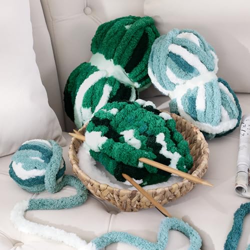 Image of MABOZOO Tie Dye Chunky Yarn 8 Pack, Blue White Multi Fluffy Jumbo Chenille, Soft Plush Bulky, Giant Thick Fuzzy Yarn for Crocheting, Hand or Arm Knitting (26 yds, 7.5 oz Each Skein)