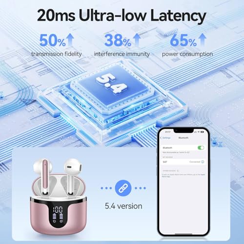 Image of Wireless Earbuds, Bluetooth 5.4 Headphones HiFi Stereo with 4 HD Mic, 50H Playtime Bluetooth Earbuds with Dual LED Display, IPX7 Waterproof Wireless Earphones, Touch Control Ear Buds,USB-C, Rosa Gold