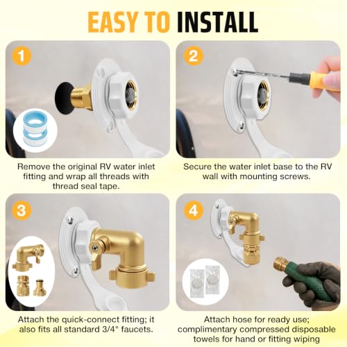 Image of Loyala RV City Water Inlet with Check Valve RV Water Inlet Connection | RV Water Inlet Replacement with 90 Degree Brass Hose Elbow RV Water Fill Inlet for RV Camper Motorhome Trailer Boat