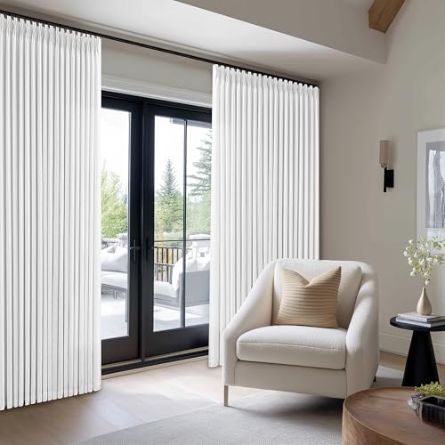 Image of Extra Wide 102 Inch Long Curtains 100 Inch Wide Pinch Pleat White 1 Panel | Textured Linen, for Living Room Bedroom, Light Filtering, Privacy, Pleated Drapes, Hooks Rings, Back Tab, Sliding Door