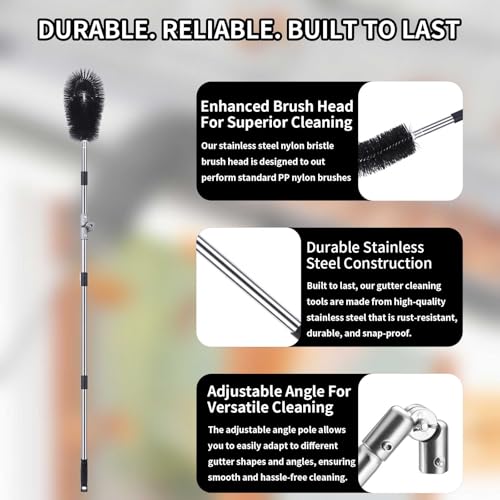 Kit de herramientas telescópicas de limpieza de tejados con poste de ángulo ajustable, cepillo de canalón y pala para eliminar hojas, desechos y telarañas