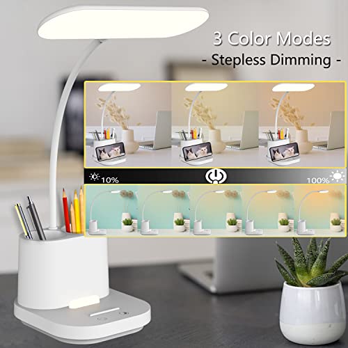 Znikoyidy Led Desk Lamps Battery Operated Lamps With Pen Holder And Night Light Touch Control 3 Color Modes Stepless Brightness Desk Lamps For Home Office Study White #TOP1
