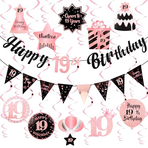 Image of 19th Birthday Decorations Rose Gold Pink Pre Strung Happy 19th Birthday Banner and Hanging Swirls for Girls 19 Year Old Party Decorations Supplies