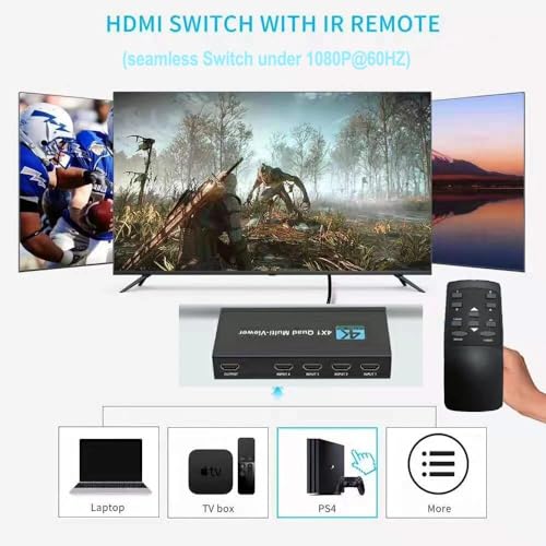 Image of MICROWARE HDMI Multiviewer Switch 4x1, HDMI Quad Multi-Viewer with Seamless Switch, Split Screen,5 Display Modes,with IR Remote /Software /Push Button Selector for Security Camera, Gaming Consoles