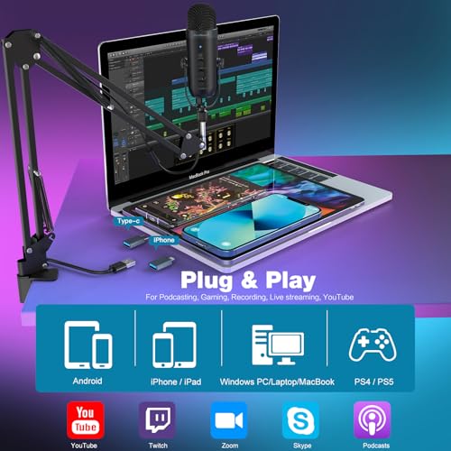 Image of zealsound Gaming Condenser Microphone, Podcast Mic with Boom Arm for Phone /PC /PS4 /PS5, USB Microphone for Recording /Streaming, Headphone Output, Mute Button, Echo Volume Gain Control(Dark Black)