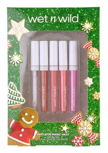 Wet n Wild Mistletoe Magic Vault, Caja de Regalo de Maquillaje con 5 Brillos Labiales Reafirmantes y Nutritivos con Péptidos y Colágeno, Kit Gloss Efecto Brillo y Volumen
