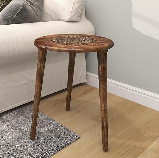Image of WOOYNEX Wooden Table with Three Legs A Modern Round Coffee Table and Side Table for Small Spaces with Pillar, Wood Books, Magazines, and Plant Stand for Living Room Entryway Table. (Brunt)