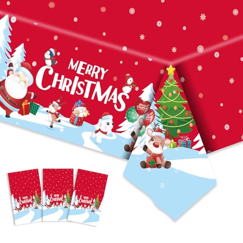Christmas Tablecloth Plastic Disposable 3 Pcs 54x108 Inch Vinyl Christmas Red Blue Table Cloth Snowflake Merry Christmas Rectangle Table Cover Party Decorations Decorations