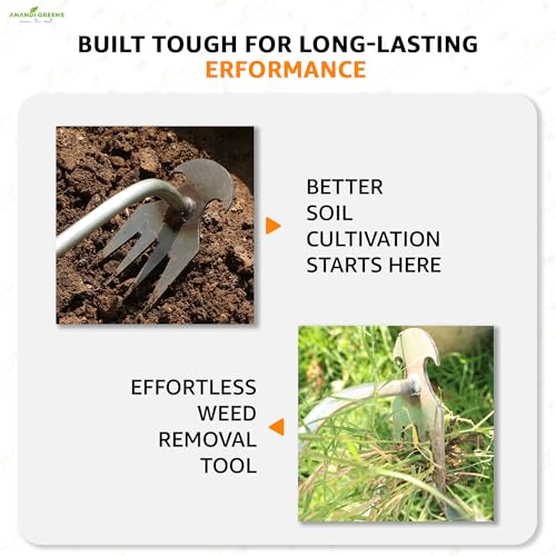 Image of Anandi Greens Garden Weeding Tool with Wooden Handle || Weeder Hand Tool 4 Claws Manual Weed Puller for Lawn and Garden Weed Removal Tool Steel