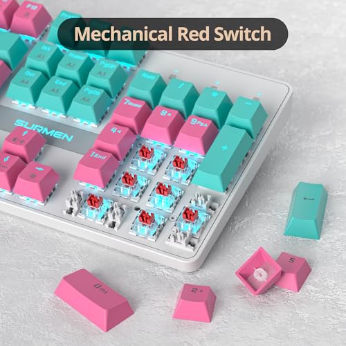 Image of Full Size Mechanical Keyboard, Creamy Keyboard with Number Pad, 104 Keys Wired Gaming Keyboard, Pink Keyboard with Red Switch, RGB Backlit for PC Laptop(Miami)