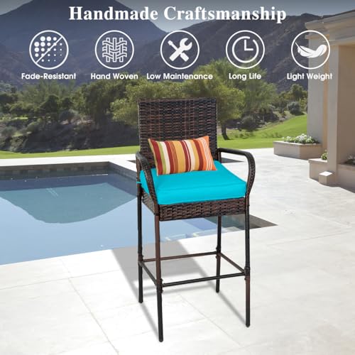 Image of Sundale Outdoor Wicker Bar Stool Set of 6, Patio Counter Height Pub Chair with Arms, High Top Rattan Barstool, Cushion Beige, All-Weather Outdoor Rattan Furniture (Brown&Blue, Small Seat - 6 Stools)