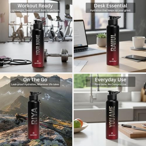 Image of Speedex Engraved Name Stainless Steel Sipper Water Bottle 1 Ltr - Customised Personalised Bottle for Kids & Adults, School, Gym, Sports, Black, Set of 1 (Black Wine, Set Of 1)