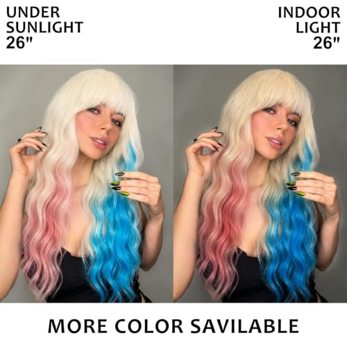 NOSTALGIA Pink Blue Blonde Wig with Bangs for Women Long Wavy Synthetic Wig - image 6