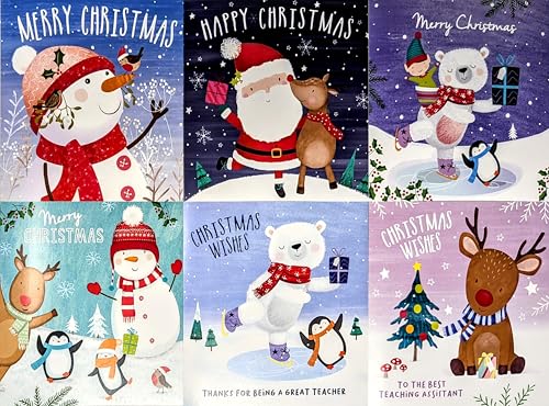 30 Mini Christmas Cards for Kids 4 Festive Designs Includes Teacher & Teaching Assistant Cards With Envelopes Cute Snowman Santa Reindeer & Penguin Ideal for School Classroom Exchange