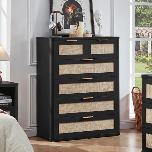 Image of LEYAOYAO Rattan Dresser for Bedroom Set of 2, 42 inch Tall Chest of Drawers, Modern 6 Drawers Boho Dressers with Storage, Light Oak Dresser Wooden Closet Organizer for Living Room, Hallway, Black