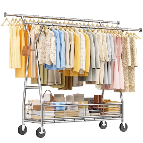 Klyvvo Burro Ropa resistente con Ruedas y Cesta para Ropa Sucia, Perchero Burro Ropa Extensible para Carga Pesada 200 kg, Burro para ropa para Almacenamiento en Entrada, Dormitorio o Vestidor