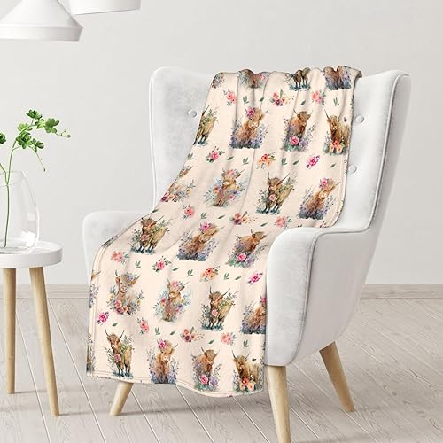 Mercuryelf Highland Cow Throw Blanket - Soft, Fuzzy & Warm - 60x80 Inches Flannel Blankets for Bed, Couch - Beige Cute Throws Gift for Adults