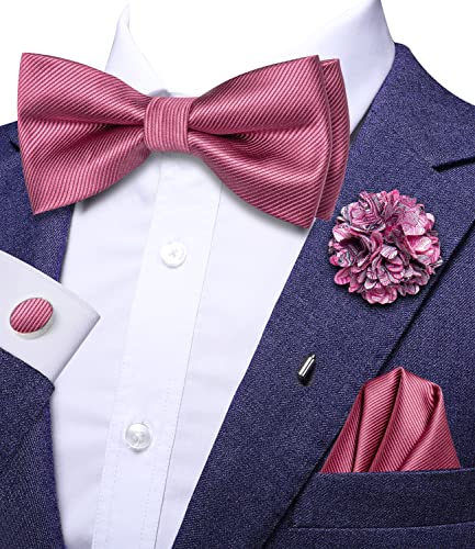 Image of Hi-Tie Men Dark Pink Mens Bow Ties Pre-Tied Pocket Square Lapel Pin Cufflinks Mens Bowtie Sets for Wedding Formal Party