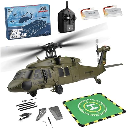 FunXylophy WL K170 RC Helicopter, 2.4G 4CH Flybarless 6-Axis Gyroscope Altitude Hovering RC Military Helicopter with Display Stand and Apron Takeoff Landing Pads (RTF Version)