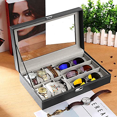 Joyero para relojes y gafas hombre 3 rejillas Gafas 6 Pantalla para reloj Caja de almacenamiento...