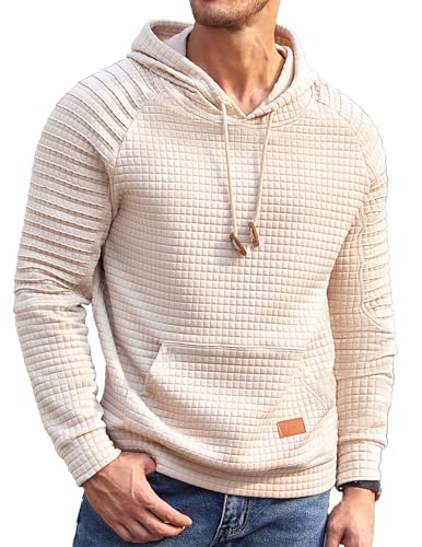 COOFANDY Men's Hoodies Waffle Drawstring Knit Casual Sweatshirts Hoodie with Kanga Pocket Light Khaki L