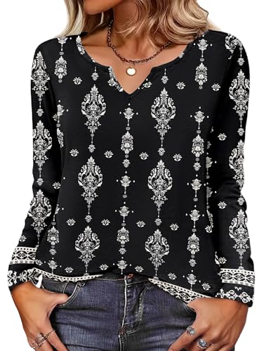 Zeagoo Womens Tops Long Sleeve V Neck Shirts Boho Vintage Ethnic Tees Dressy Casual Holiday Outfit Fashion Spring Tunic L