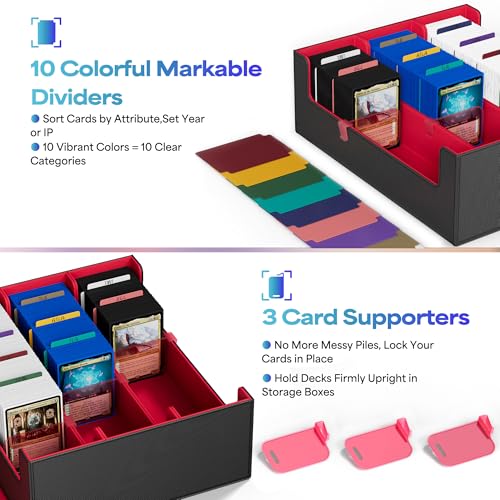 Image of UAONO Trading Card Storage Box, Holds 1800 Sleeved Cards with 10 Dividers & 3 Stoppers, Magnetic Closure PU Leather Card Case for MTG, PTCG, YGO, Sports Cards (Black&red)