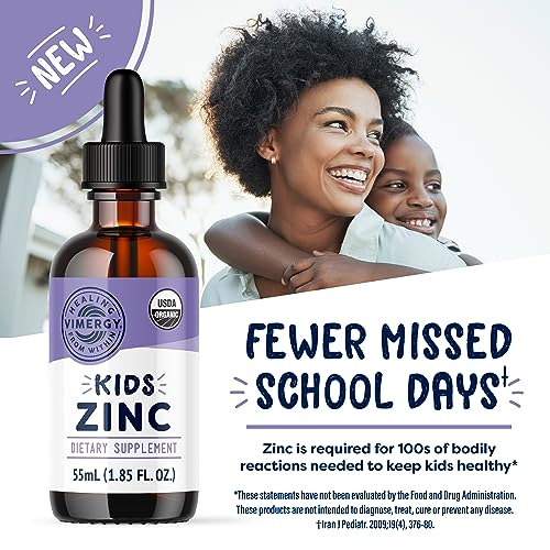 Image of VIMERGY Kids USDA Organic Liquid Zinc Sulfate - for Children & Adolescence 1-18 Years Old, Fast-Absorbing Immune Support* - Promotes Healthy Bones, Hair & Skin, Vegan, Non-GMO - 55 mL