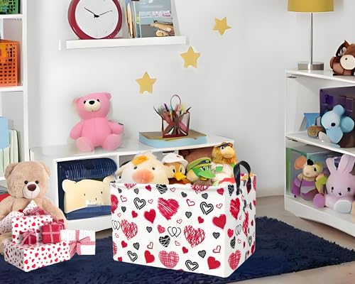 Image of Valentines Day Basket Large Foldable Heart Shaped Storage Box for Gifts Kids Empty Storage Bins Rectangular Toy Organizer Decor (Black Pink Line Love)