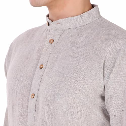 Image of Amazon Brand - Anarva Men's Handloom Cotton Solid Kurta Long Sleeves Straight Knee Length Long Shirt
