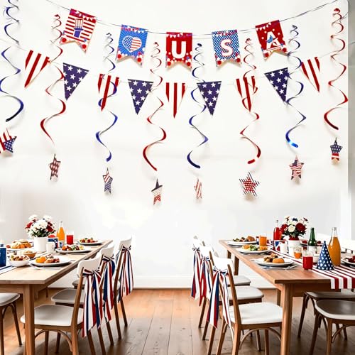 Image of 4th of July Decorations for Independence Day with USA Banner, Red White and Blue Decorations with Pennant Banner Flags, Hanging Star for Patriotic Decoration