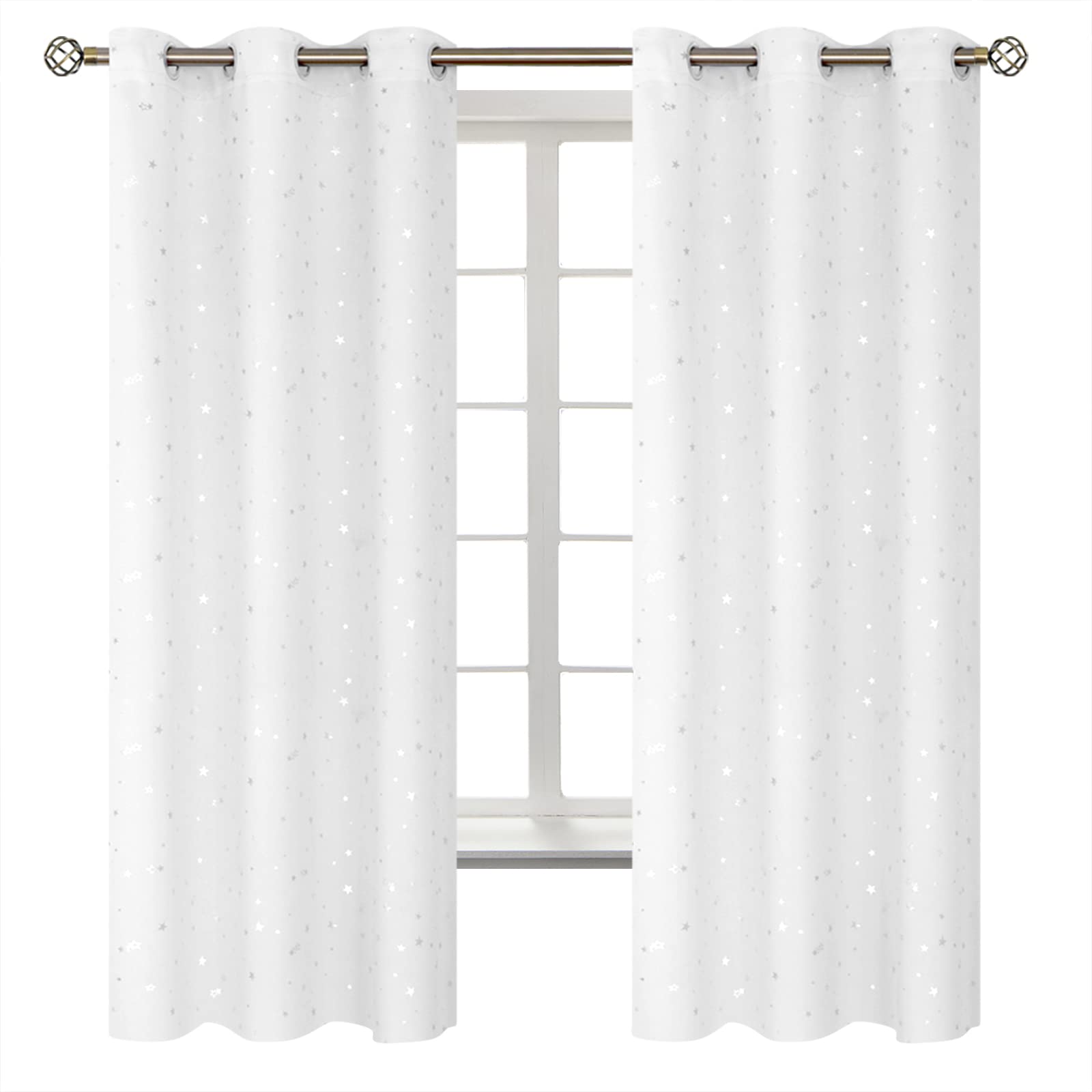BGment Kids Blackout Curtains for Bedroom - Grommet Thermal Insulated Silver Star Print Room Darkening Curtains for Living Room, Set of 2 Panels (42 x 63 Inch, White)