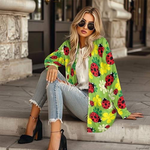 Image of Forchrinse Red Ladybug Cardigan for Women Causal Long Sleeve Open Front Cardigans Sweater Fashion 2024 Fall Coat with Pockets