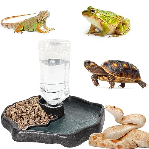 Funmo Distributeur d'eau pour Reptile, Abreuvoir Tortue, Mangeoire Gamelle Tortue Terrestre Distributeur 2 en 1 de Nourriture Anti Debordement Plastique Bol...