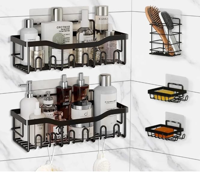 JUNLIN 5 Pack Shower Caddy Bathroom Organizer Large Capacity No Drilling Wall Mounted Shower Shelf with Adhesive Black