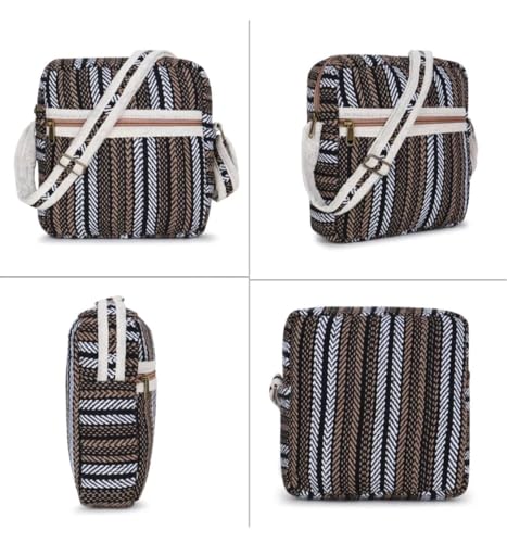 Crossbody Striped Bag, Small Canvas Purse with Adjustable Strap, Brown Black White Pattern, Multi-Compartment3