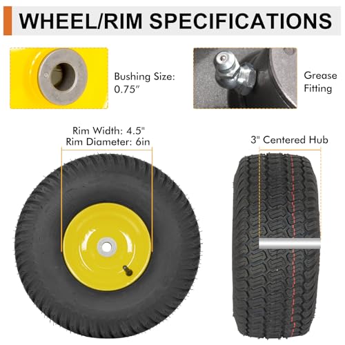 Image of 2 Pack 15x6.00-6 Tubeless Lawn Mower Tire and Wheel Assembly, Front Tires Fits John Deere Riding Mowers 100 & 300 Series, 3 inch Offset Hub, 3 /4 inch, 5 /8 inch & 1 /2 inch Bushings