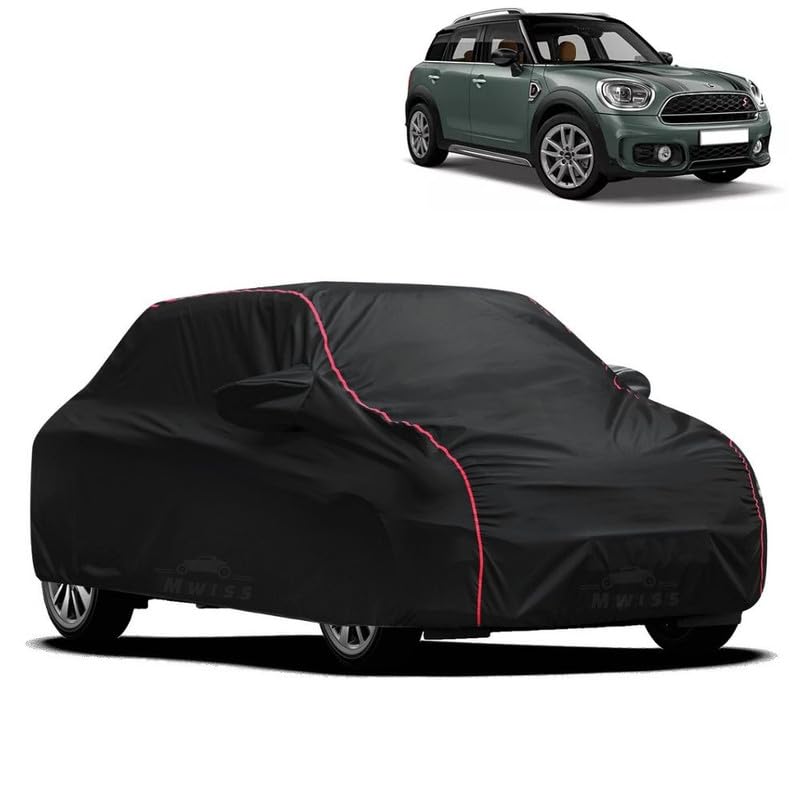 Image of Waterproof Car Cover for Countryman | All-Weather Protection, Dustproof & UV Resistant | Triple Stitched Mirror Pockets, Windproof Buckle Strap with Elastic Hem, Black-Red Piping