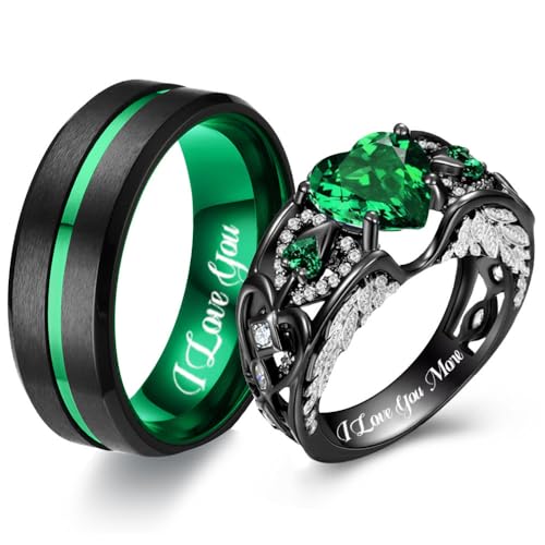 Matching Wedding Rings for Couples Set Promise Rings for Him and Her Customizable Emerald Green Engagement Rings for Women Mens Wedding Ring Tungsten Engraved Valentine's Day Jewelry Gift
