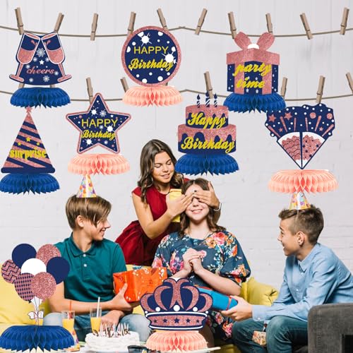 50% Off Blue Rose Gold Birthday Honeycomb Decorations - 9PCS Set - Image 5