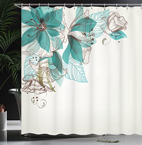 ABAKUHAUS Turquoise Shower Curtain, Flowers Buds Leaf at the top Left Corner Season Celebrating Theme - Image 3