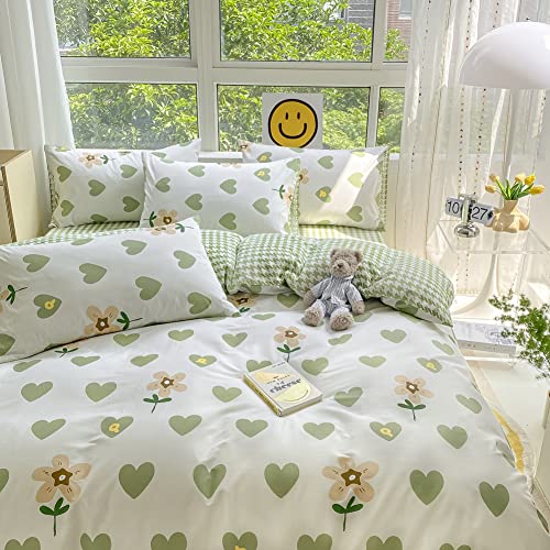 Blueblue Hearts Kids Duvet Cover Set Twin 100% Cotton Bedding For Boys Girls Teens Cartoon Light Green Heart Flower Pattern On White 1 Love Comforter Cover 2 Pillowcases (Twin) #TOP3