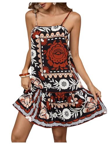 Image of RoseSeek Women's Floral Boho Flowy Mini Cami Dress Ruffle Hem Spaghetti Strap Vacation Tank Dresses