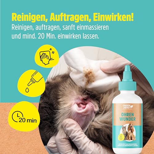 Green Hero Ohrentropfen 200 ml | Bei Ohrmilben und Entzündungen für Katze und Hund unterstützt die Ohrenpflege, den Regenerationsprozess der Haut | Mittel gegen Juckreiz bei Hefepilz & Ohrenentzündung