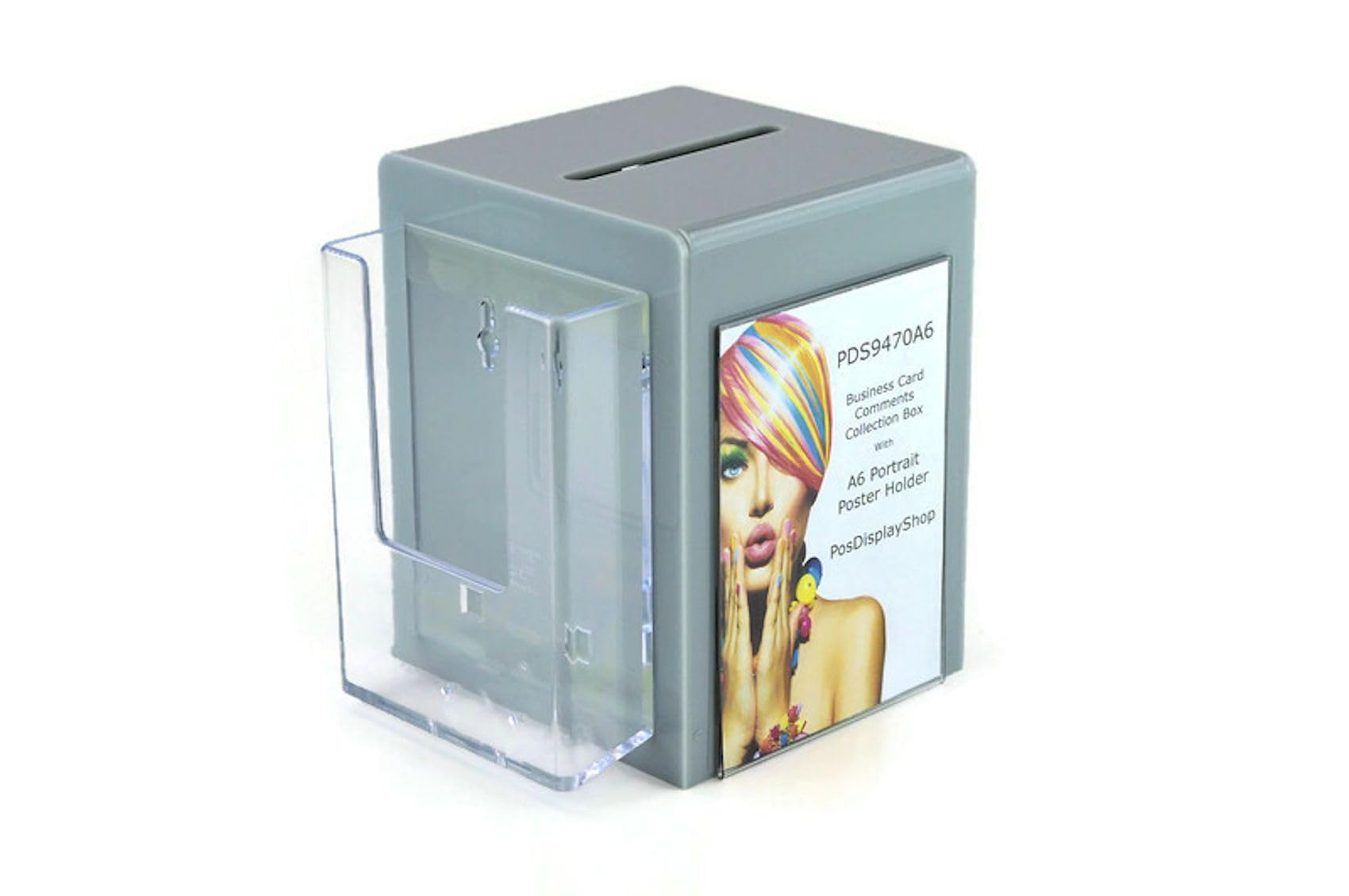 Pos Display Shop Small Grey Acrylic Suggestion Feedback Comments Collection Box with A6 Poster Holder + Leaflet Holder PDS9470A6 (Grey)