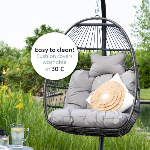 Vita5 Hanging Egg Chair Indoor&Outdoor - Swing Chair with Frame Polyrattan with Cushion - Hanging Chair Outdoor and Indoor - Foldable Hammock Chair - Maximum Load 150kg - Light grey - Image 7