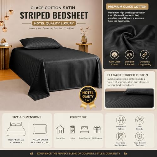 Image of Satin Striped Glace Cotton Single bedsheet with 1 Pillow Cover | Soft & Smooth Finish | Single Bed bedsheet 90 x 60 Inch | Pillow Cover 18 x 28 Inch | Breathable, Fade Resistant