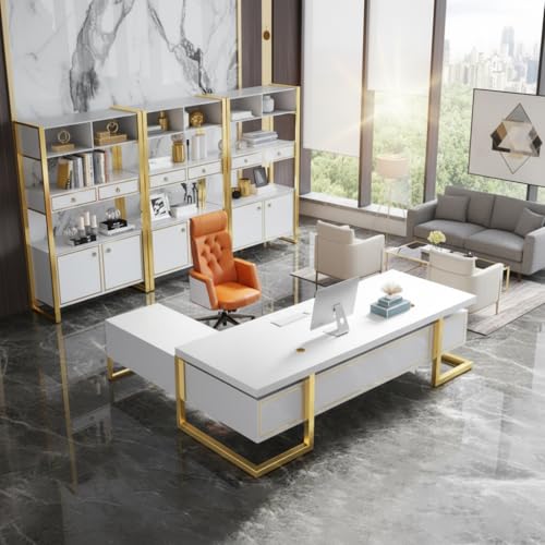 Image of Lakdi The Furniture Co Luxury L-Shape Director Office Table - Premium Glossy Executive Desk with Integrated Drawers and Unique Modern Design - LDL-710